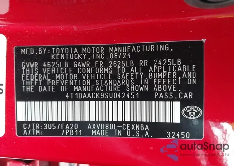 2025 Toyota Camry Le z USA, uszkodzony, nr VIN 4T1DAACK9SU042451